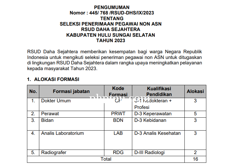 PENGUMUMAN SELEKSI ADMINISTRASI REKRUTMEN PEGAWAI NON ASN RSUD DAHA SEJAHTERA 2023